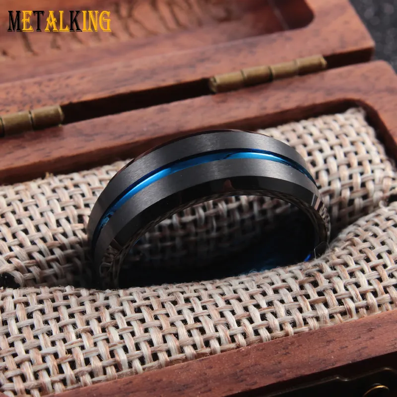 Anillo de carburo de tungsteno negro para hombre, anillo de boda de dos tonos con línea azul