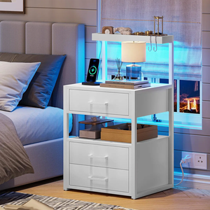 Table de chevet moderne en chêne blanc avec chargeur sans fil, ports USB, 3 tiroirs et éclairage LED pour chambre et salon - Product Image 1
