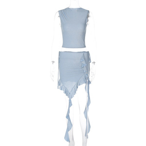Conjunto de Dos Piezas para Mujer, Sexy, con Ombligo Descubierto, Top sin Mangas con Tirantes Cruzados, Falda con Cordón Ajustable en la Cadera, Vestido Petite - Product Image 6