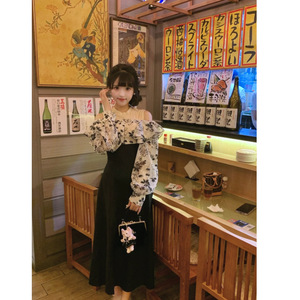 Japanese Style Ink Floral Ruffle Patchwork Dress Off-Shoulder Tight Waist Party Casual Dress - Product Image 1