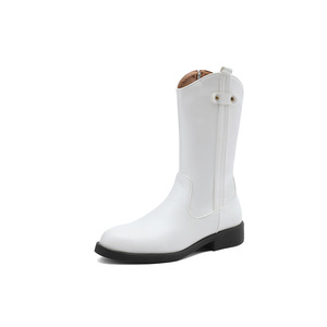 White <b>Knee</b>-<b>High</b> Boots Genuine Leather Round Toe Flat Heel Side Zipper Anti-Slip Rubber Outsole All Seasons Drop Shipping - Product Image 1