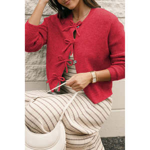 Cárdigan de Punto Acanalado Rojo Intenso con Lazo y Botones Delanteros para Mujer, Venta al por Mayor, Almacén en EE. UU., Dear-Lover - Product Image 5