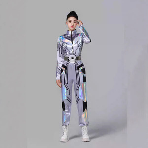 Combinaison unisexe argentée irisée Cyberpunk pour enfants, ensemble de costume de scène futuriste à imprimé circuit, pour fête robotique et technologique - Product Image 4