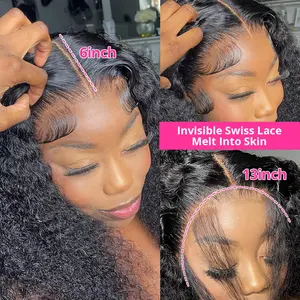 Vente en gros pas cher 13x4 pleine perruques avant de lacet 180% densité préplumée couleur naturelle droite bouclés perruques de cheveux humains pour les femmes noires