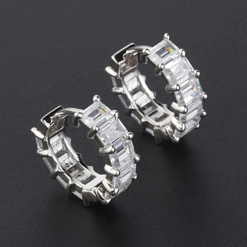 ladies jewelry baguette diamond earring 18k white gold 925 sterling silver cubic zircon hoop cuff women huggies earrings