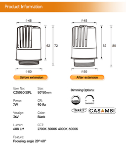 Módulo LED MR16 de aluminio fundido a presión, con zoom, 7W, IP44, 20-60 grados, COB, para downlight. - Product Image 6