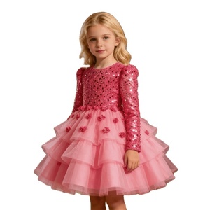 Abito <span class=keywords><strong>da</strong></span> festa rosa shocking a maniche lunghe per bambina, con corpetto di paillettes e tutù floreale 3D, ideale per compleanni e concorsi di bellezza - Product Image 1