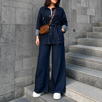 Ensemble deux pièces en jean personnalisé pour femme – Chemise d'été à manches longues, col à revers, multi-poches et ceinture, jean taille haute à jambes larges