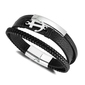 OPK Sports Casual Fashion Jewellery Hip Hop Stainless Steel Anchor Multi-Layer Braided Leather Bracelet Alloy Magnetic Clasp