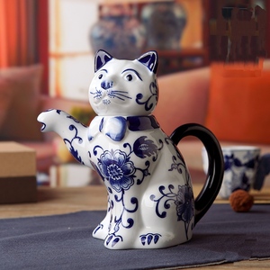 Tetera de té de cerámica con diseño de gato de la suerte, decoración clásica china para el hogar, color azul y blanco, Original - Product Image 6