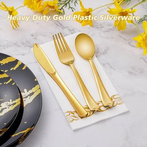Vaisselle en plastique dorée de qualité supérieure, couverts jetables dorés, ensemble de couverts en plastique (fourchettes, cuillères, couteaux) pour fêtes, anniversaires, et célébrations. - Product Image 3