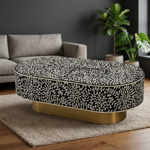 Mesa de Centro Moderna de Madera ShaizDigital con Incrustaciones de Hueso y Base de Aluminio, Forma Ovalada, Muebles para Sala de Estar - Product Image 3