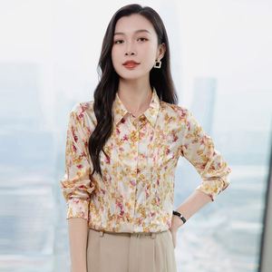 Chemise en soie imprimée à la mode pour femmes à manches longues et décontractée pour le printemps été en soie à motif solide - Product Image 2