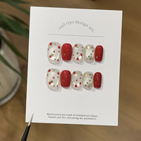Lot de 10 faux ongles à presser faits main, courts, ronds et carrés, en acrylique, avec paillettes rouges et dorées, vente en gros
