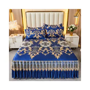 Conjunto de saias de cama luxuosa floral Ice Silk colcha com babados Colcha 3 peças