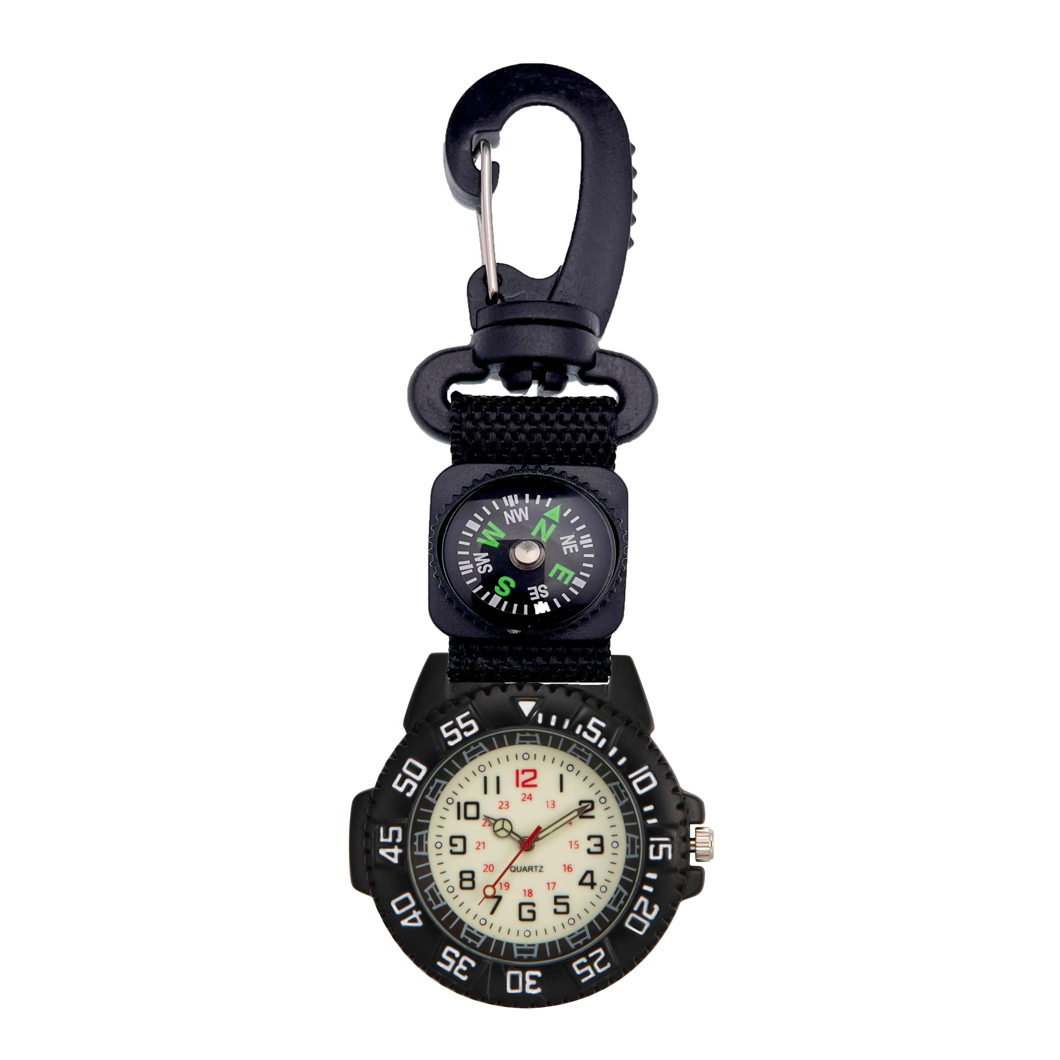 Custom Logo Outdoor Pocket Watch Waterproof With Compass Luminous Carabiner Watch