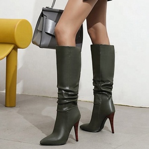 Plicated Design Fashion Big Size 43 Women Pointed Toe Knee High Boots <b>Slip</b>-on Thin High Heel <b>Long</b> Booties for Ladies - Product Image 5