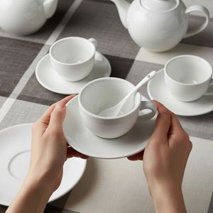 Ceramic Coffee <b>Cup</b> And Saucer <b>Set</b> White Round Solid Color For Afternoon Tea Home Office Use - Product Image 1
