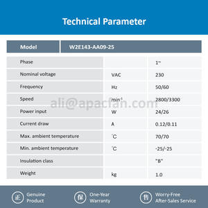 ebmpapst W2E143-AA09-25 230V AC 24/26W 0.12/0.11A 2800/3300RPM 370m3/h Moteur électrique à roulements à billes Emerson pour armoire d'onduleur - Product Image 3