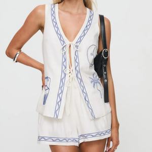 Conjunto de Lino Casual Bordado para Mujer, Dos Piezas, Estilo Nuevo, Top sin Mangas y Pantalones Cortos, Sexy, Color Sólido, Venta Caliente OEM - Product Image 1