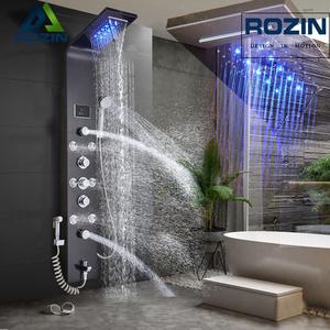 LED Light Shower Faucet Waterfall Rain Black Shower Panel In Wall Shower System with Spa Massage Sprayer Bidet Head Handshower