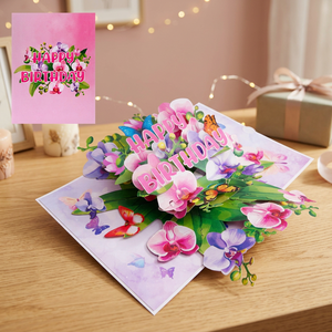 Carte d'anniversaire 3D pop-up florale, orchidées, papillons, design découpé, forme rectangulaire, papier cartonné, carte de vœux faite à la main, Viet-craft - Product Image 4