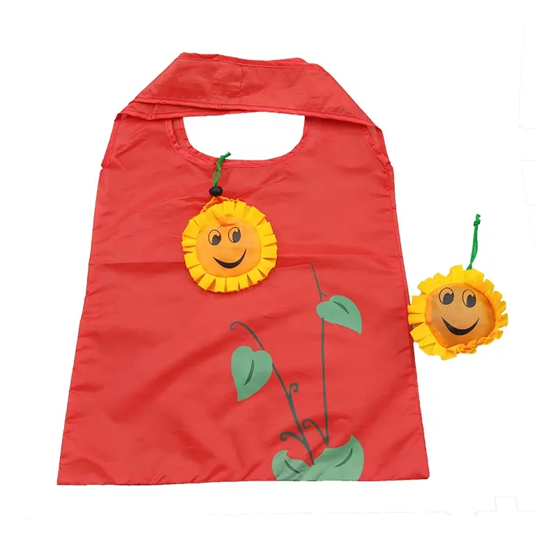 Sunflower Shape Eco Recycled Reusable Polyester Folding Shopping Bags With Small Pouch