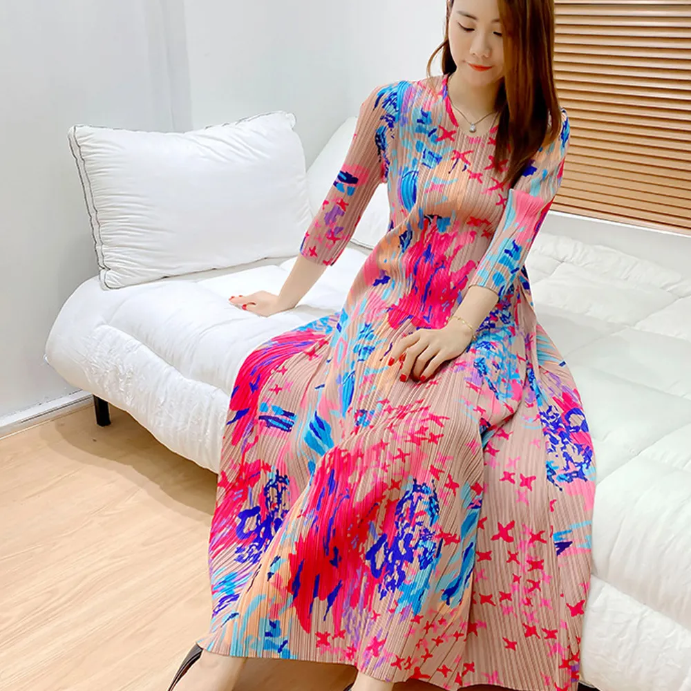 FXZ Fashion Summer V-neck Print Dresses Half Sleeve Splash-ink Pattern Women Long Dress Pleated