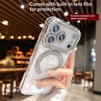 Étui de téléphone portable magnétique à paillettes de strass pour 17 Pro Max avec film de protection d'objectif transparent électroplaqué et protection d'appareil photo