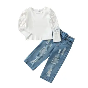 Коллекция 5833 года, комплекты одежды для маленьких девочек сетчатый кружевной пуловер с длинными рукавами Топы + джинсовые штаны комплект одежды из 2 предметов Осенняя 2021
