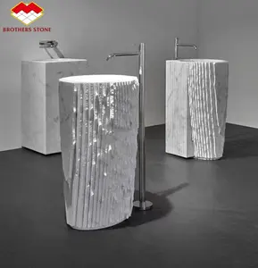 Modern White Marble Block Sink Free Standing Lavatory and Closet Wash Basin with Drainer for Hotel Bathroom Use