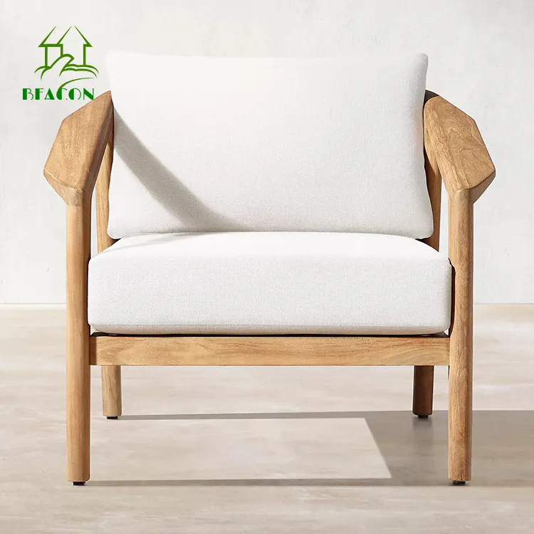 Silla de salón de madera de teca para jardín al aire libre, muebles de exterior de tela impermeable, conjunto de mesa y silla