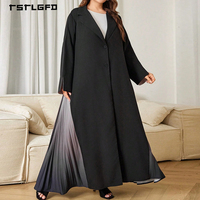 Robe longue élégante et modeste pour femme, style abaya noire, col à revers, coupe blazer, avec panneau plissé dégradé à l'ourlet et manches longues, pour la mode musulmane.