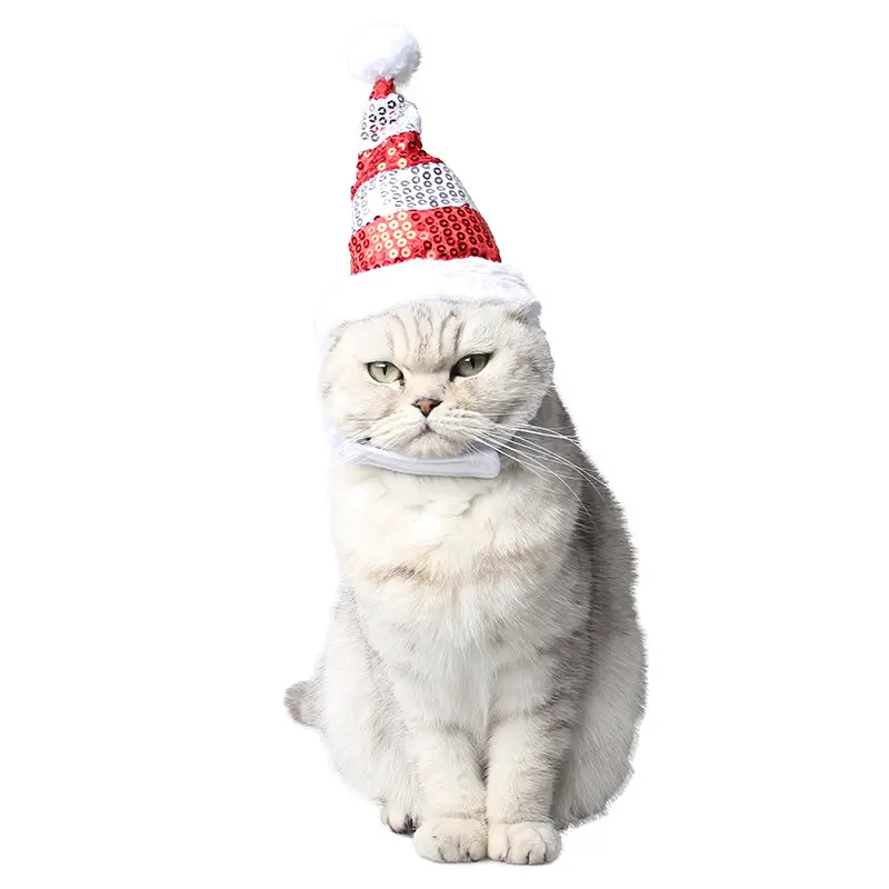 Оптовая продажа от производителя, новогодние и Новогодние украшения для домашних животных, рождественские украшения, кошка в полоску с блестками в шляпе