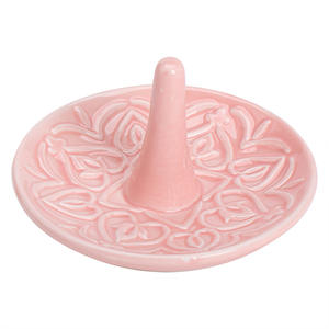 PENOBON 4 Inch Ceramic Modern Stylish Pink & White Embossed Jewelry Storage Tray for <b>Earrings</b> Necklaces Bracelets - Product Image 5