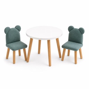 Meubles Montessori Table ronde en bois pour enfants et 2 chaises en velours pour enfants Table et chaise pour tout-petits en forme d'ours vert - Product Image 2