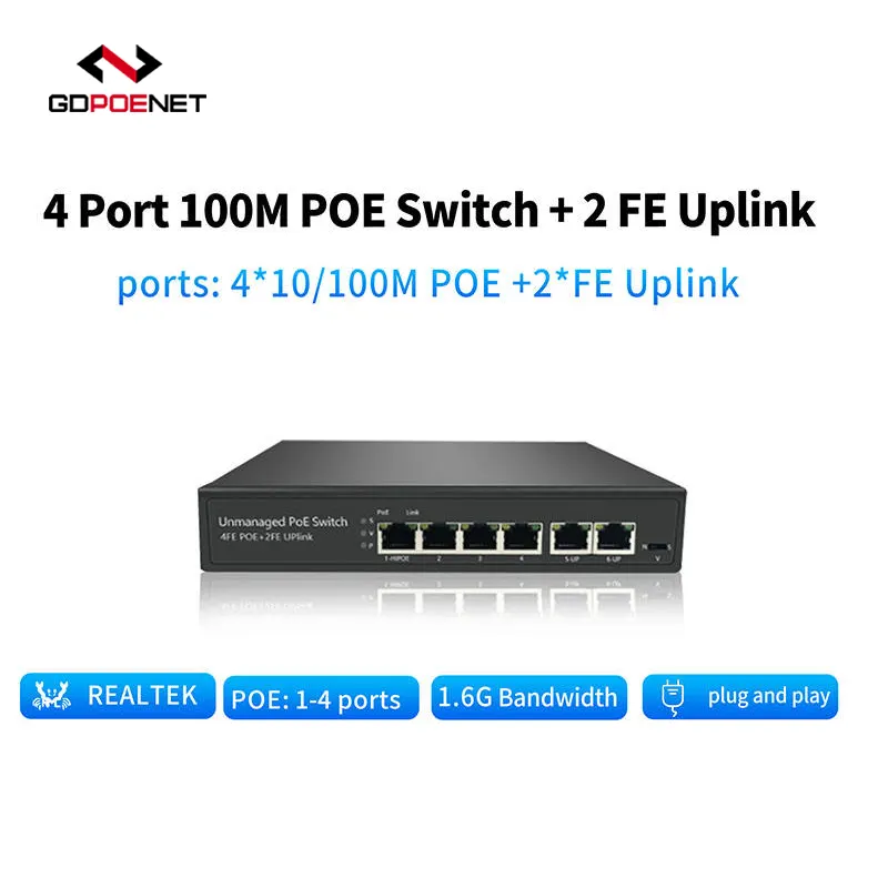 Cámara IP de 10/100mbps, conmutador PoE no gestionado, 4, 8, 16, 24 puertos, conmutador de red Poe con Uplink