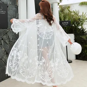 Cardigan in pizzo da donna farfalla floreale all'uncinetto copricostume da spiaggia lungo kimono aperto