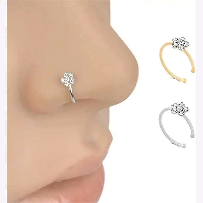 3 Pcs Small Thin Flower Clear Crystal Nose Ring Stud Hoop Sparkly Crystal Nose Ring
