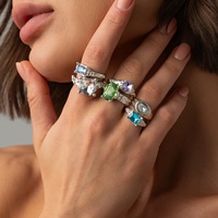 Ensemble de bagues empilables Y2K colorées en verre rectangulaire et ovale avec pierres précieuses pour femme, tendance, pour le quotidien, accessoires de bijoux, cadeaux