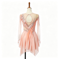 Robe de patinage artistique rose clair pour enfants et adultes, en maille à manches longues, avec strass et découpes florales au dos, pour compétition et spectacle
