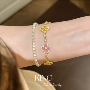 เครื่องประดับคิงซิลเวอร์ สร้อยข้อมือห้าดอกไม้ เงินแท้ 925 ชุบทอง ประดับคริสตัลไรน์สโตน สำหรับผู้หญิง สวมใส่ได้ทุกวัน - Product Image 3