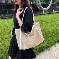 Grand sac fourre-tout de plage en paille tressée grande capacité avec logo personnalisé et garniture en PU, sac à main d'épaule vintage et tendance pour femme, idéal pour les vacances et les voyages