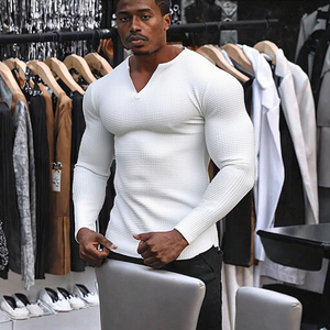 T-shirt décontracté à rayures en coton pour hommes, col rond, manches longues, couleur unie avec motif, longueur courte, style formel OEM - Product Image 3