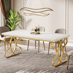 Table à manger en pierre frittée FYZK, mobilier contractuel, 6 places, plateau en marbre, base dorée, fournisseur en gros pour l'hôtellerie, les villas <span class=keywords><strong>et</strong></span> les restaurants - Product Image 3