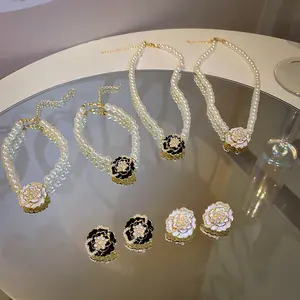 C&J Vintage 18K Gold Plated Camellia Flower Pearl Jewelry Set Classic Camellia Flower Pearl Earrings Bracelet Necklace
