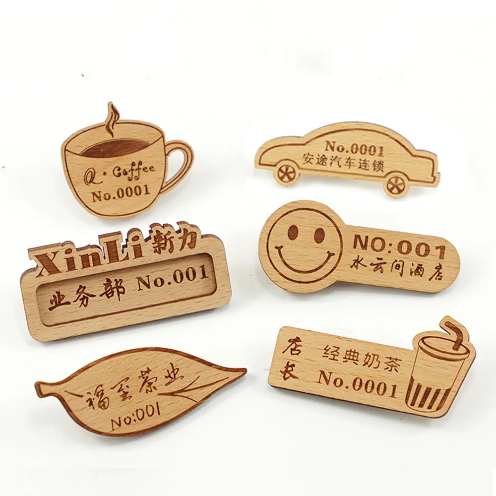 No minimum crafts printed wooden name badges laser engraved embossed custom letter pattern wood clothes badge pin