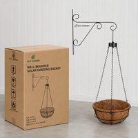 Panier suspendu éco-responsable pour plantes avec éclairage solaire, doublure en fibre de coco, chaîne et support mural en fer courbé, décoration pour la maison et le jardin