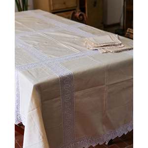 Mantel Cuadrado de Lino Crema de Lujo de Marca con Inserciones de Crochet Bordadas y 8 Servilletas para Mesas de Comedor en Hoteles - Product Image 5