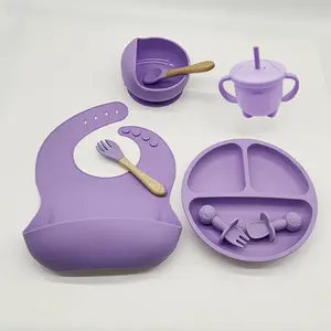 Non-Slip Custom Silicone Bib Suction Plate Food Grade Toddler Training Tableware Set Including Bottle Spoon Feeding Baby